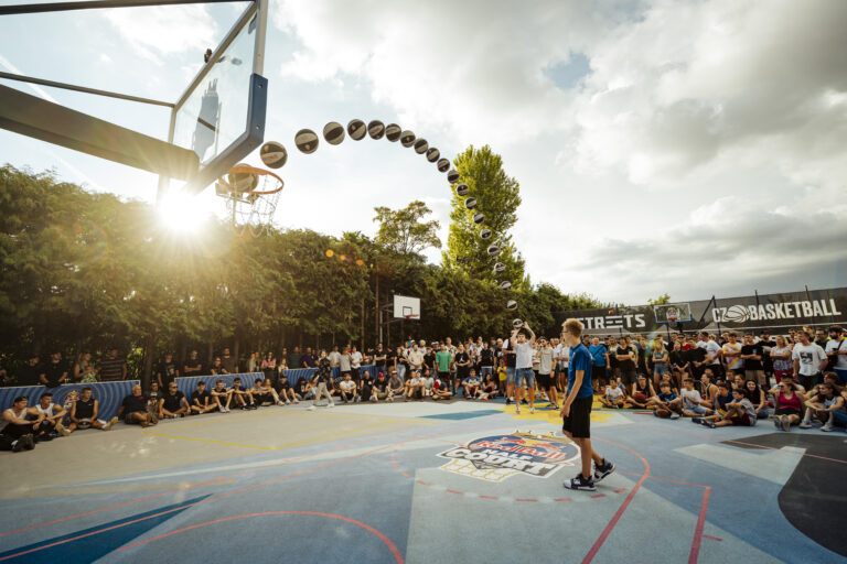 Competitors perform during The Streets 3 point challenge battle at Red Bull Half Court National Finals in Prague, Czech Republic on August 13, 2022.
